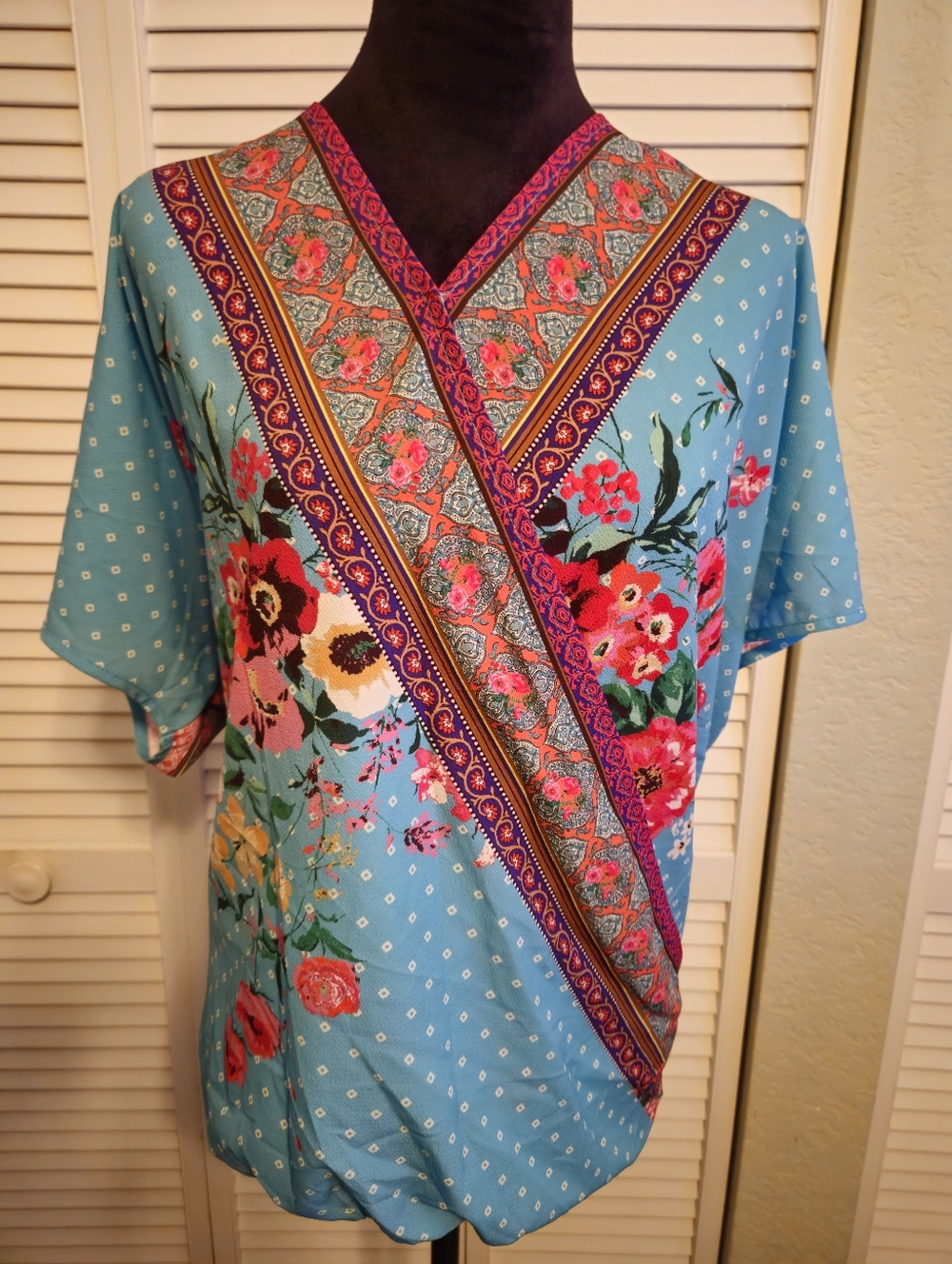 Umgee Turquoise Wrap Blouse with Magenta Trim